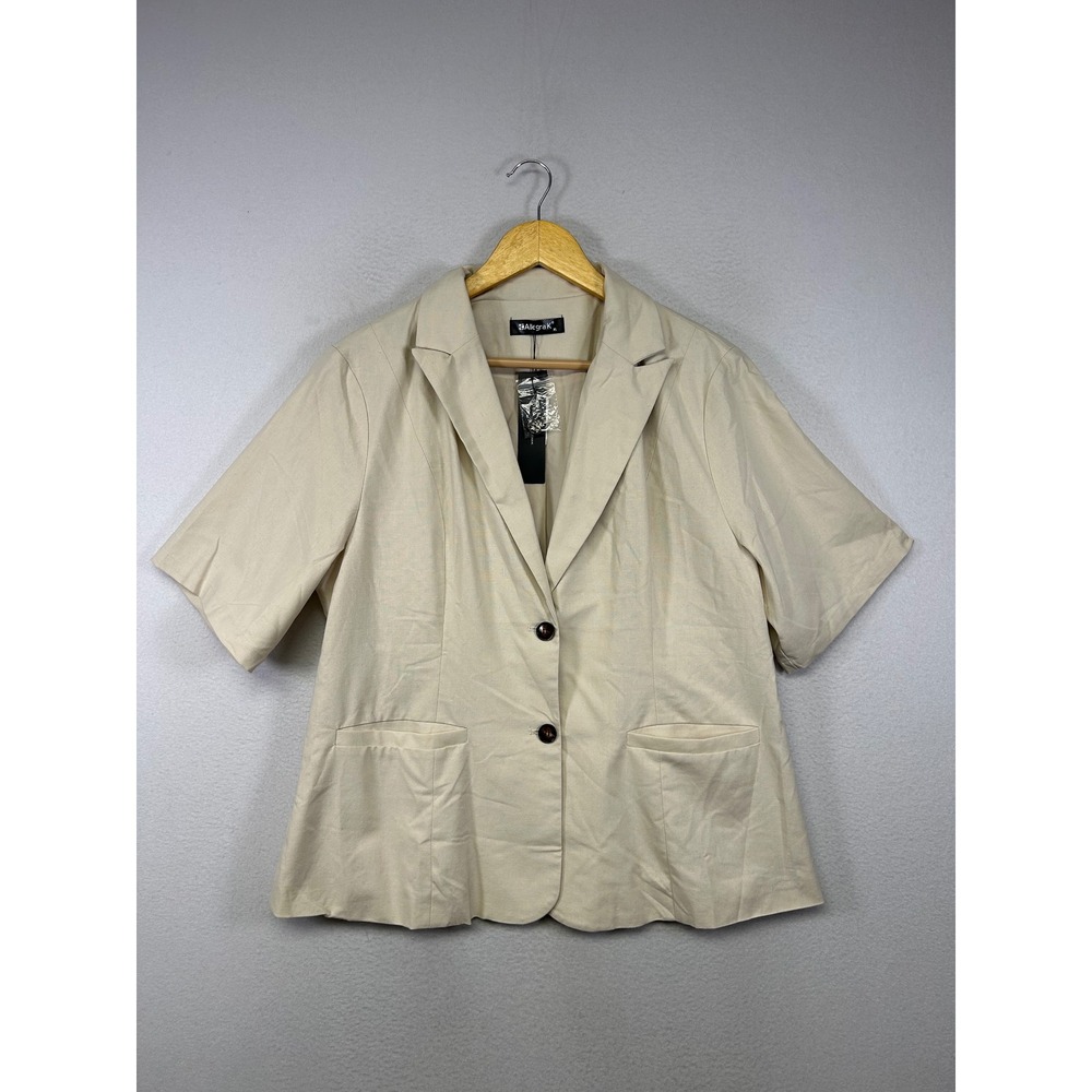 Coastal Grandma Allegra K Women XL Beige Cotton Linen Short Sleeve Blazer Pocket